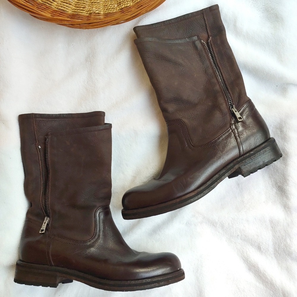 NOW Brown Italian Leather Moto Zip Boots